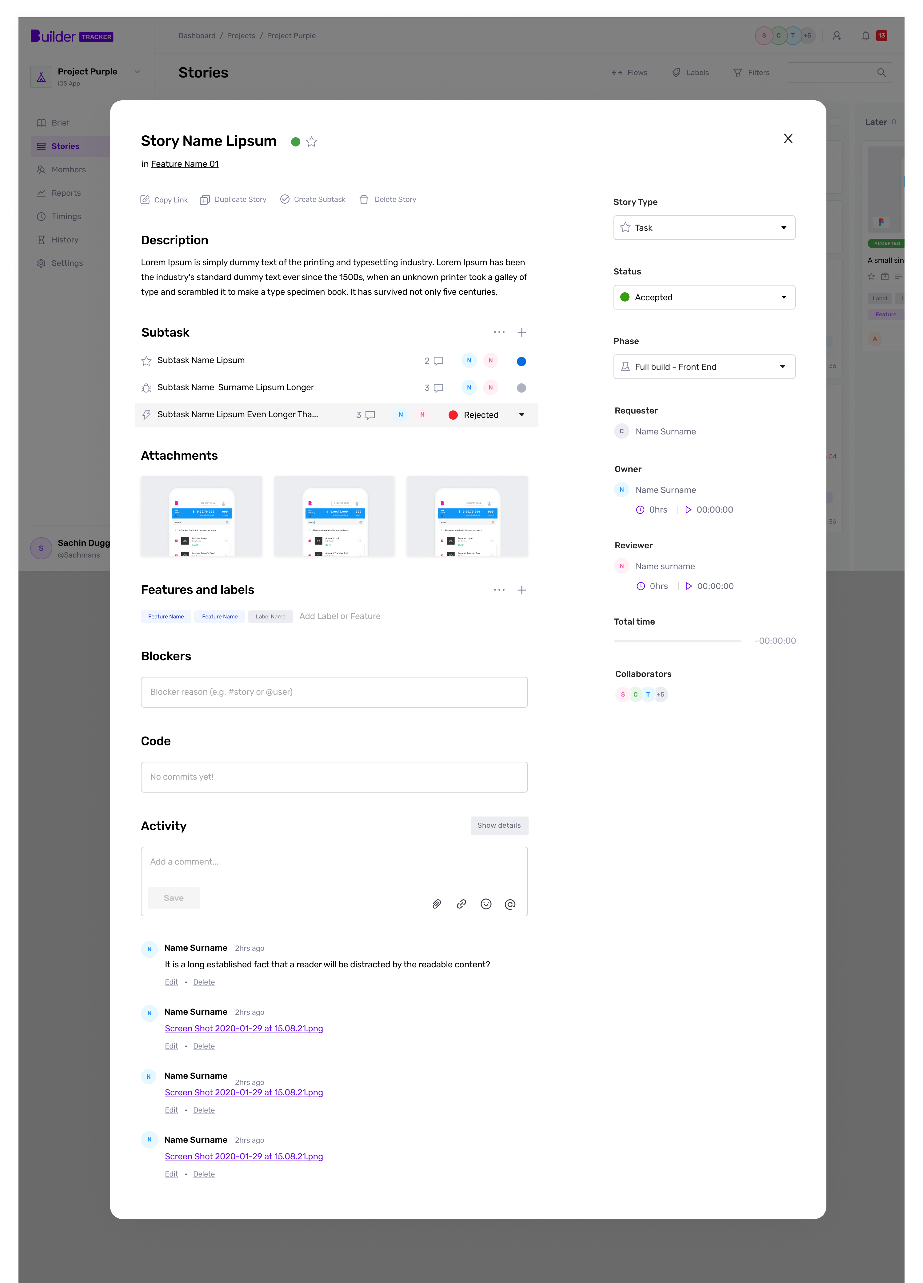 Story modal with subtasks