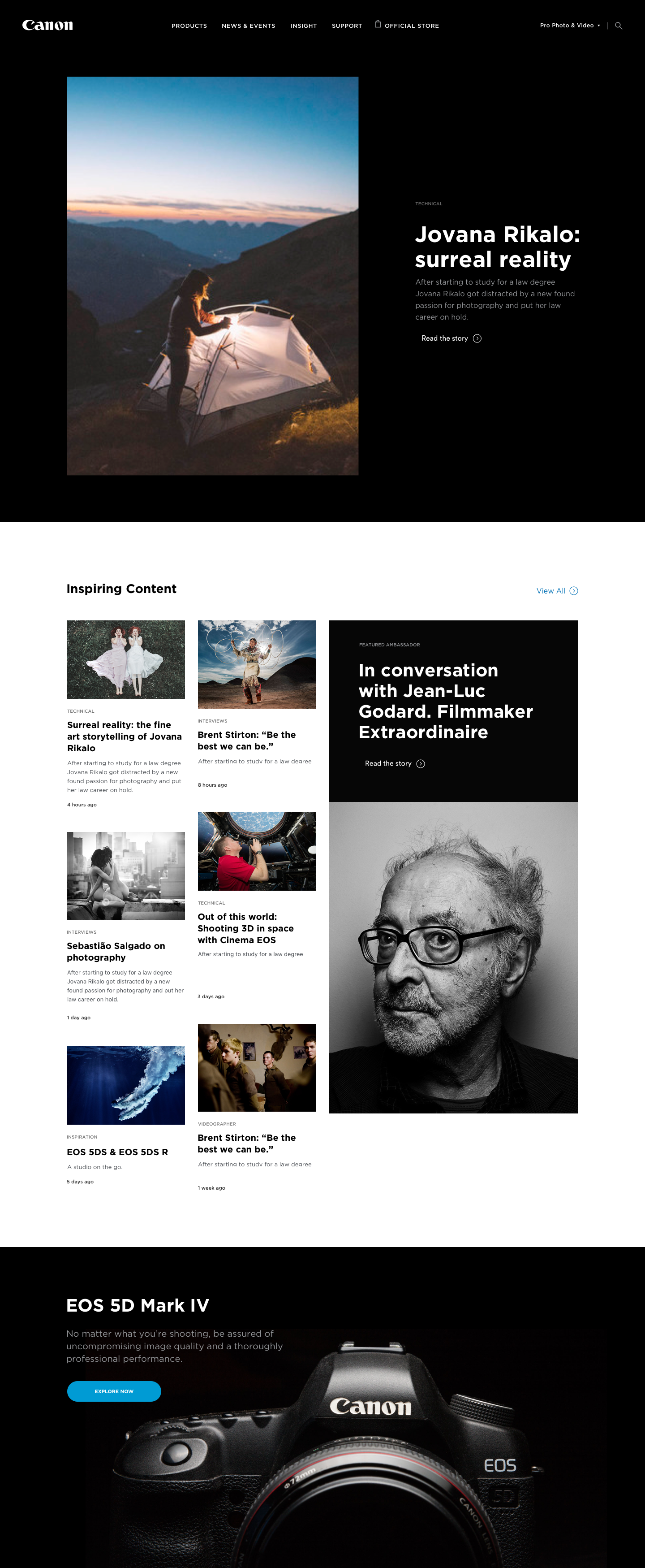 Canon Pro homepage, desktop