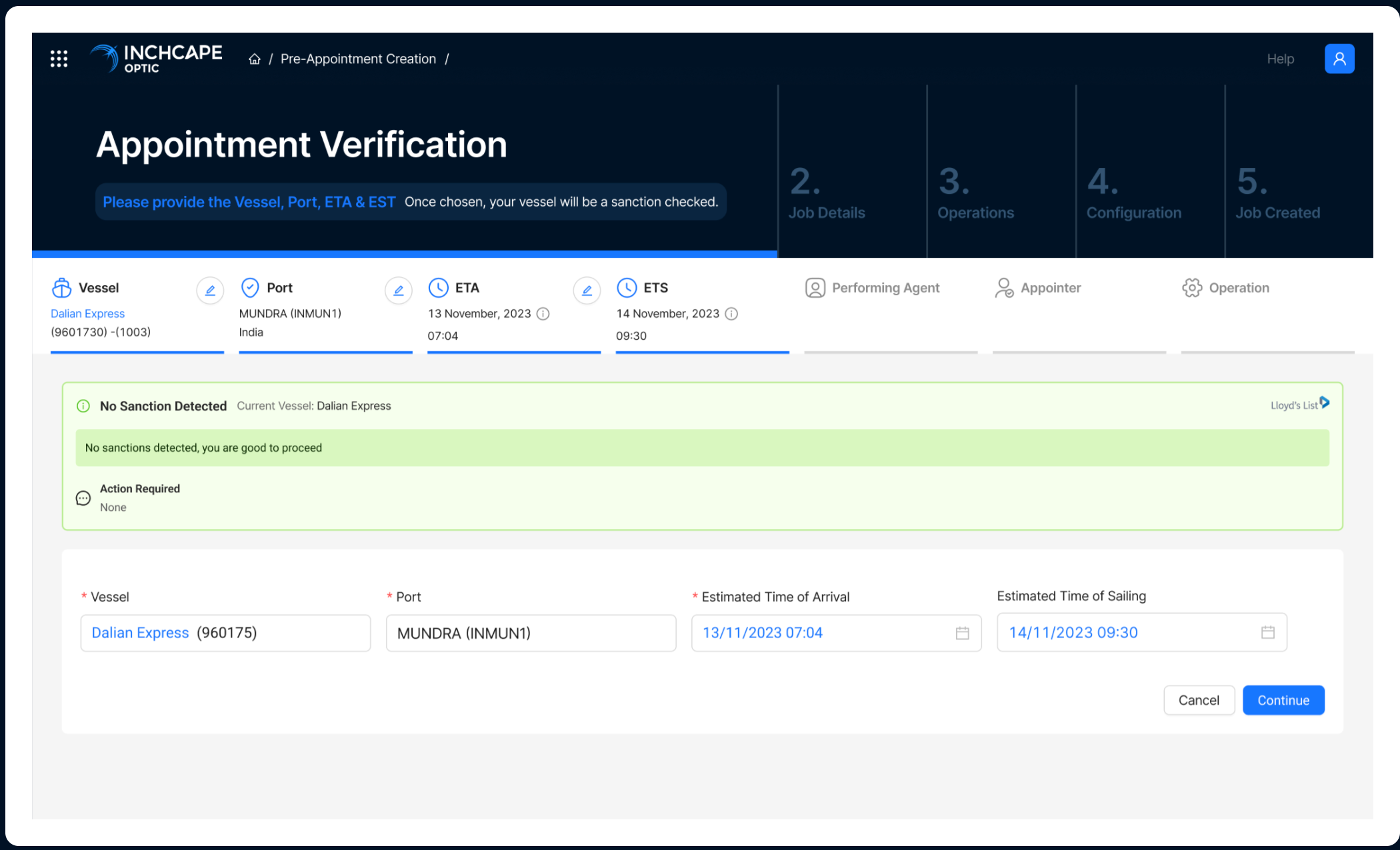 Appointment Verification screen — vessel sanction check passed